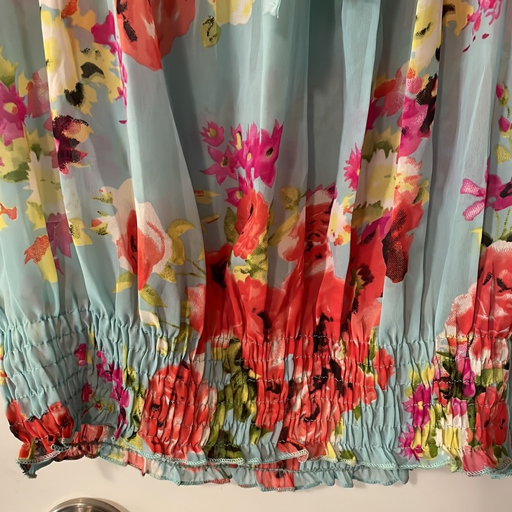 Blue Floral Off Shoulder or On Ruffle Sleeves Blouse - Picture 3 of 7